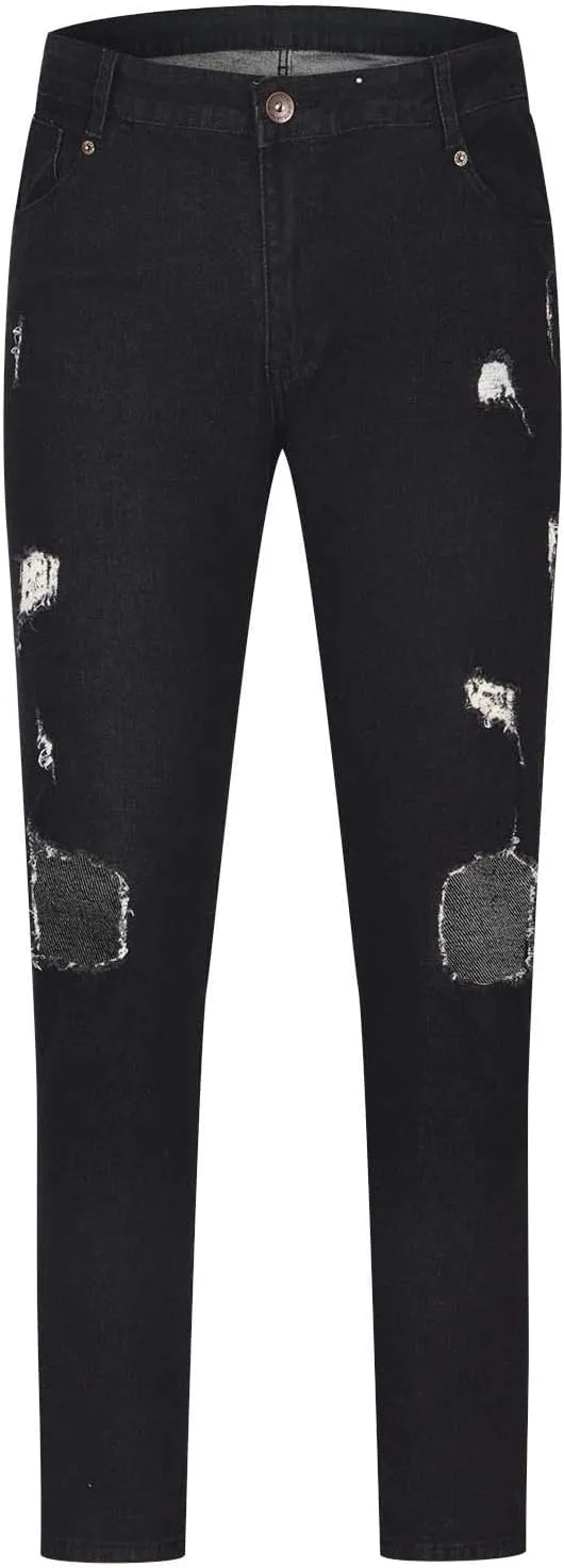 Mens Ripped Jeans, Button Zip Distressed Destroyed Slim Fit Straight Leg Denim Pants Stretched Outdoor Moto Trousers