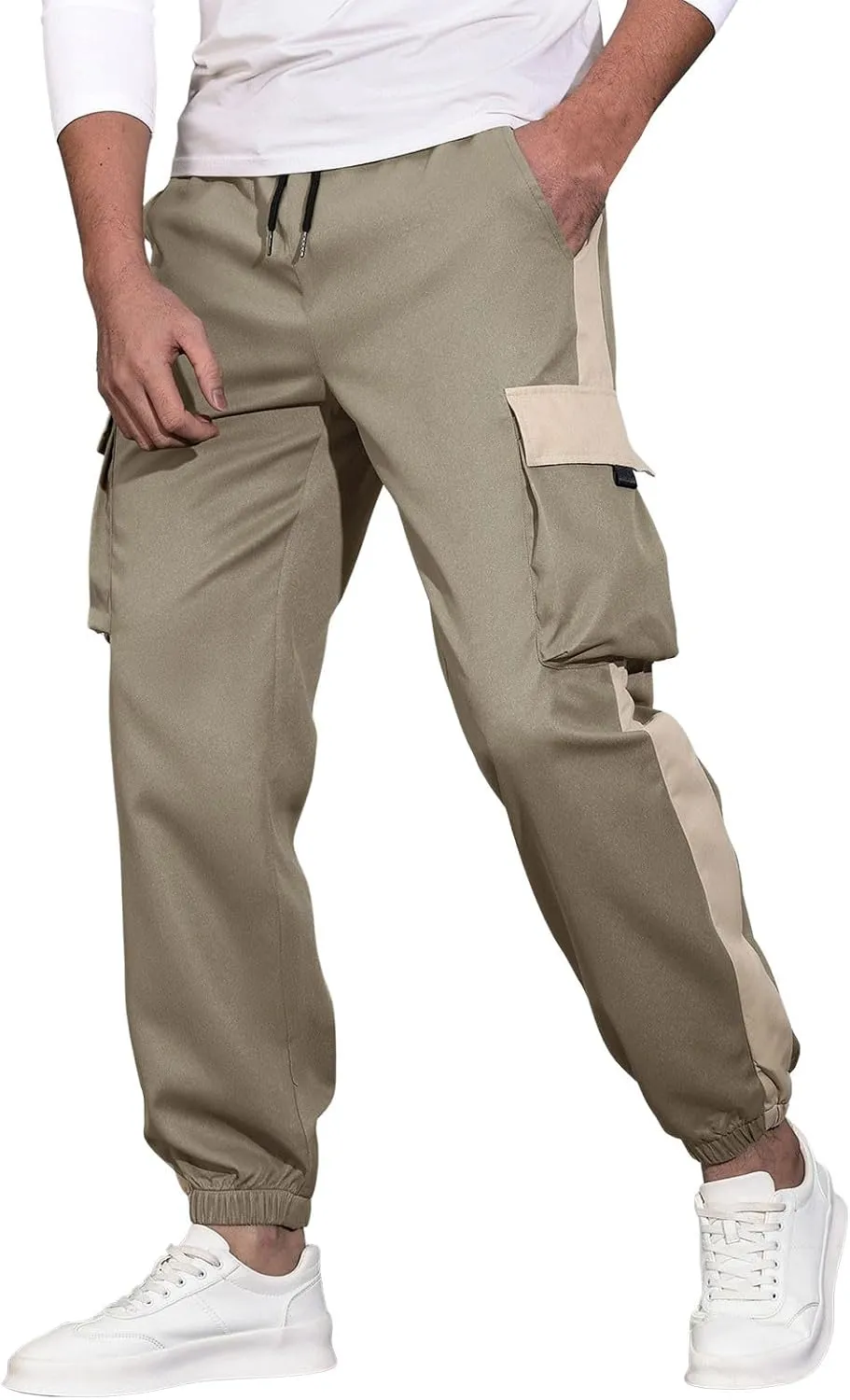 Men's Running Cargo Pants Large Elastic Waist Pants with Multi-Pocket Fit Drawstring Wide Trousers