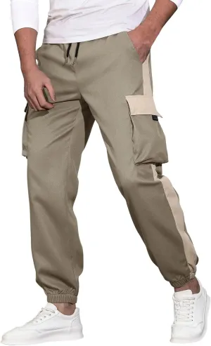 Men's Running Cargo Pants Large Elastic Waist Pants with Multi-Pocket Fit Drawstring Wide Trousers
