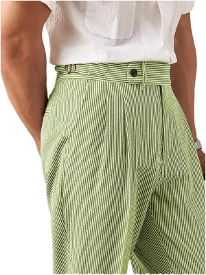 Men's Seersucker Gurkha Suit Pant Dress Casual Summer Lightweight Trousers Beach