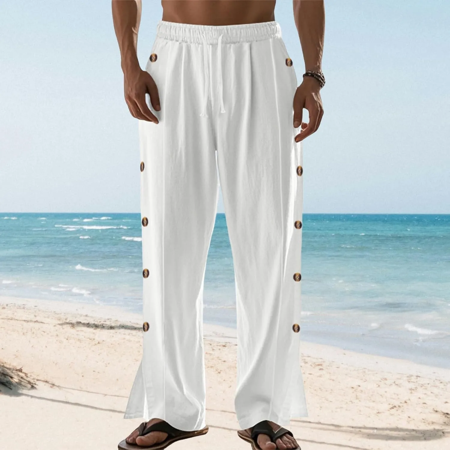 Mens Straight Leg Linen Pants Button Drawstring Elastic Waist Casual Loose Fit Sweatpants Beach Trousers with Pockets