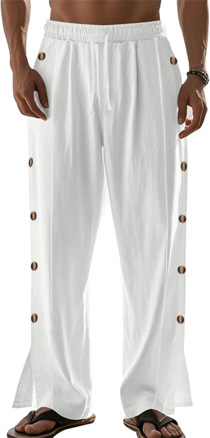 Mens Straight Leg Linen Pants Button Drawstring Elastic Waist Casual Loose Fit Sweatpants Beach Trousers with Pockets
