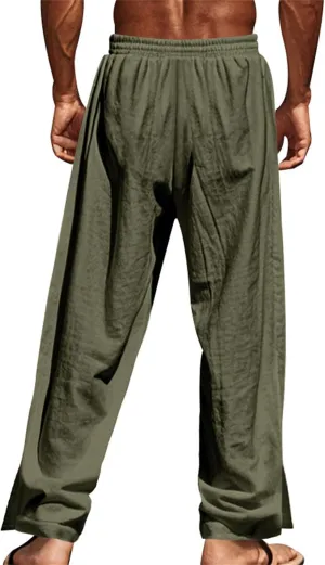 Mens Straight Leg Linen Pants Button Drawstring Elastic Waist Casual Loose Fit Sweatpants Beach Trousers with Pockets