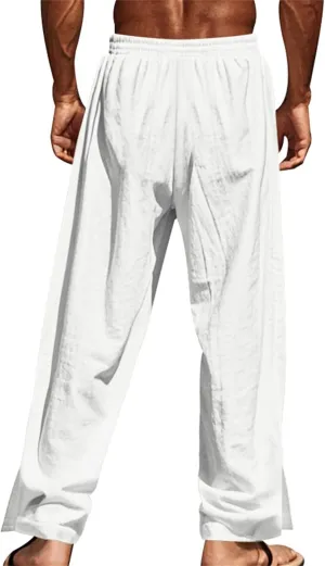 Mens Straight Leg Linen Pants Button Drawstring Elastic Waist Casual Loose Fit Sweatpants Beach Trousers with Pockets
