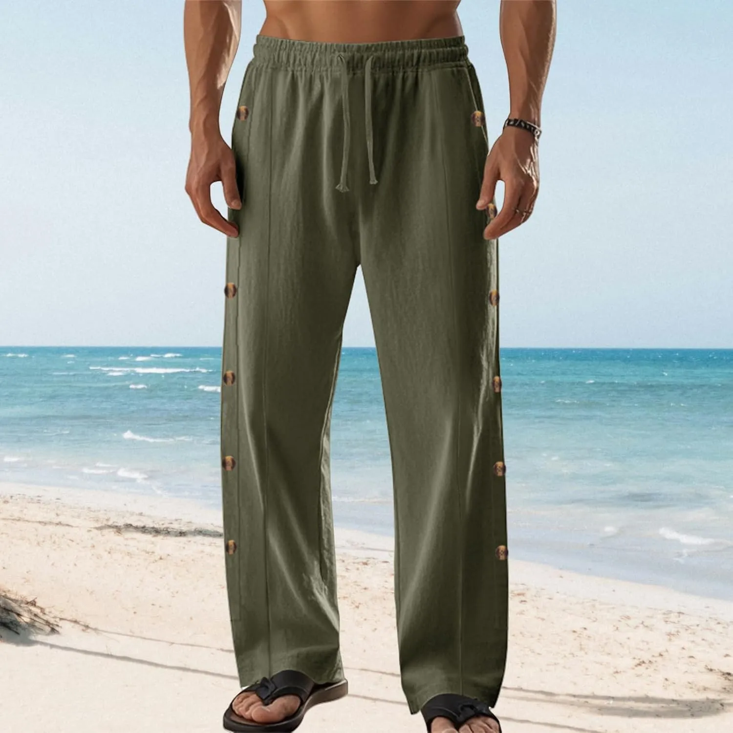 Mens Straight Leg Linen Pants Button Drawstring Elastic Waist Casual Loose Fit Sweatpants Beach Trousers with Pockets