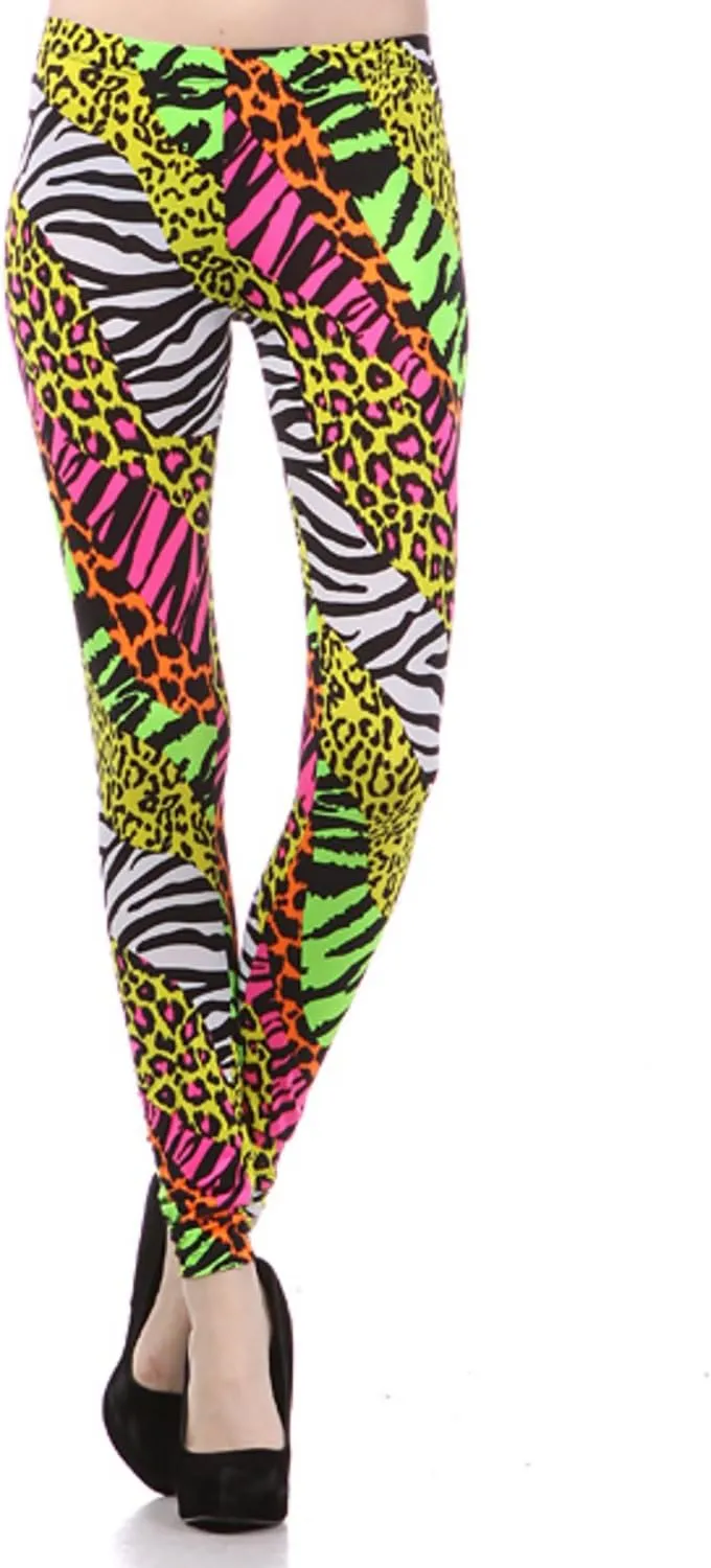 Multi Color Animal Print Bright Leggings 1980s Pants Zebra Cheetah Costume