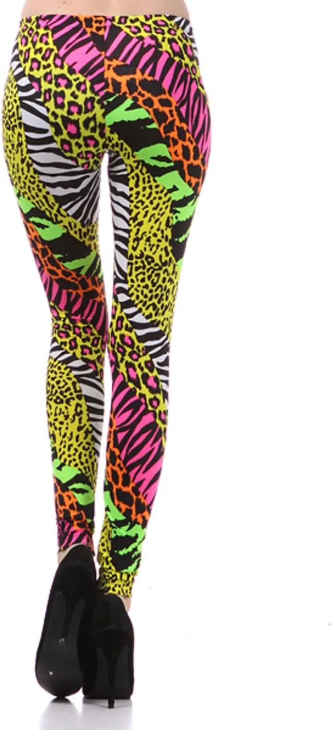 Multi Color Animal Print Bright Leggings 1980s Pants Zebra Cheetah Costume