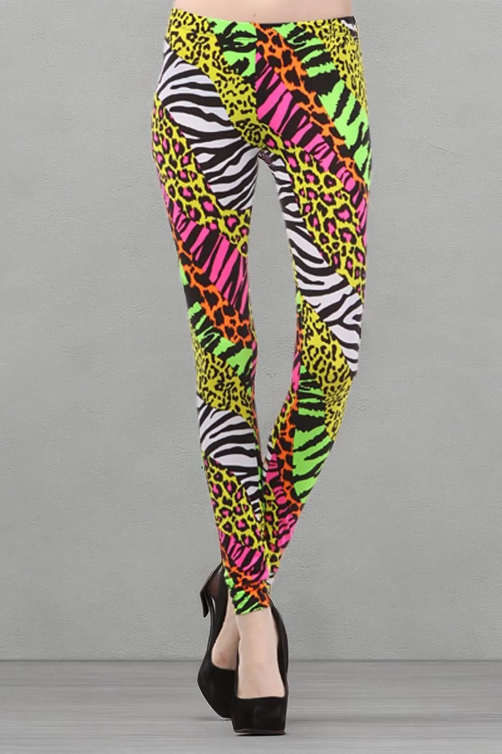 Multi Color Animal Print Bright Leggings 1980s Pants Zebra Cheetah Costume