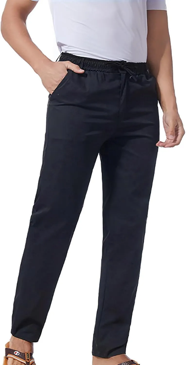 NATHGAM Straight Leg Pants for Men Elastic Waist Drawstring Trousers Lightweight Comfy Slim Fit Work Office Pants with Pocket