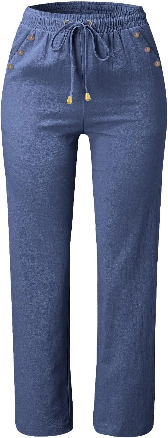 NBXNZWF Cotton Linen Pants for Women Casual Straight Leg Drawstring Elastic High Waist Long Trouser Loose Fit Lounge Pants