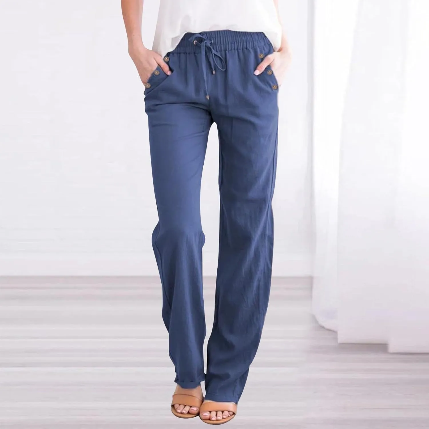 NBXNZWF Cotton Linen Pants for Women Casual Straight Leg Drawstring Elastic High Waist Long Trouser Loose Fit Lounge Pants