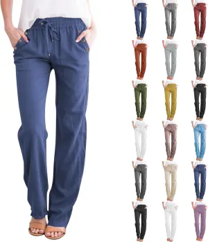NBXNZWF Cotton Linen Pants for Women Casual Straight Leg Drawstring Elastic High Waist Long Trouser Loose Fit Lounge Pants