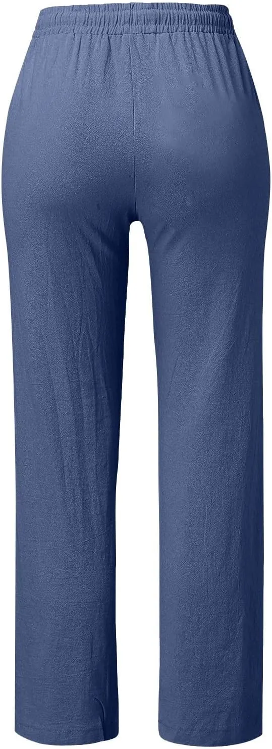 NBXNZWF Cotton Linen Pants for Women Casual Straight Leg Drawstring Elastic High Waist Long Trouser Loose Fit Lounge Pants