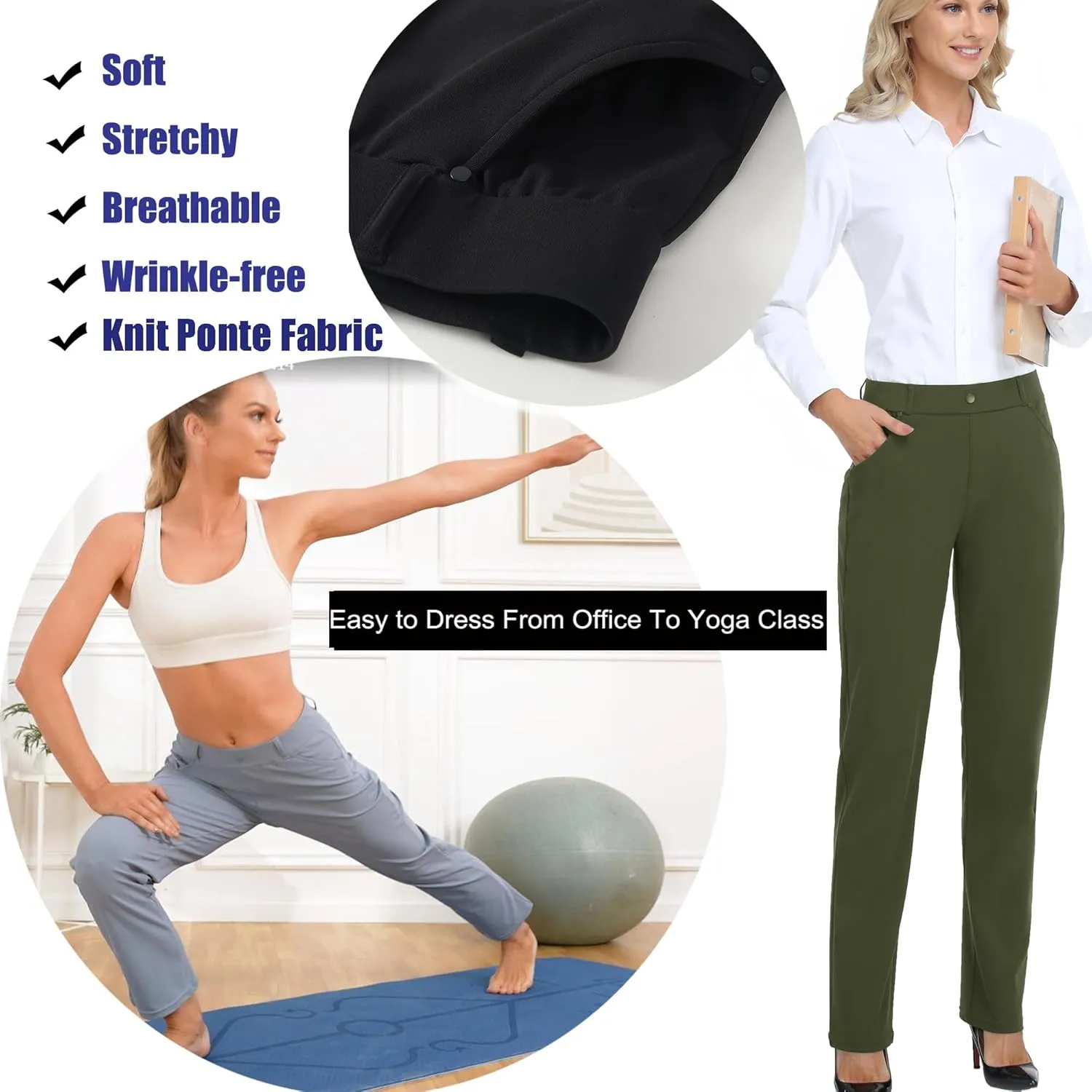 Oalka Women's Dress Pants Straight Leg Yoga Work Stretchy Pant for Office Business