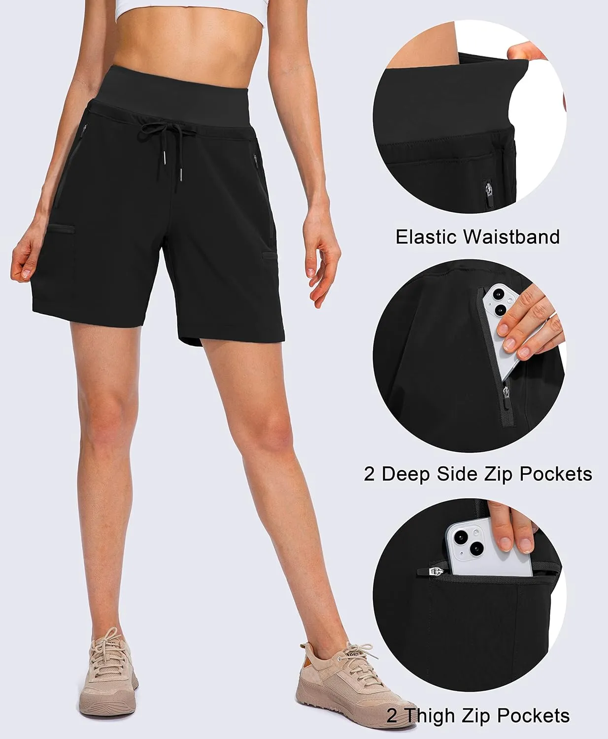 Obla Women's Hiking Cargo Shorts Zipper Pockets Soft High Waisted Quick Dry 7 Inch Long Shorts for Women Golf Athletic Summer
