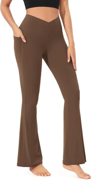 ODODOS Cloud Feeling Crossover Flared Pants with Pockets for Women, Cross Waist Bootcut Lounge Yoga Pants- 30" / 32" Inseam