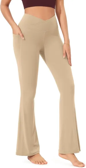 ODODOS Cloud Feeling Crossover Flared Pants with Pockets for Women, Cross Waist Bootcut Lounge Yoga Pants- 30" / 32" Inseam