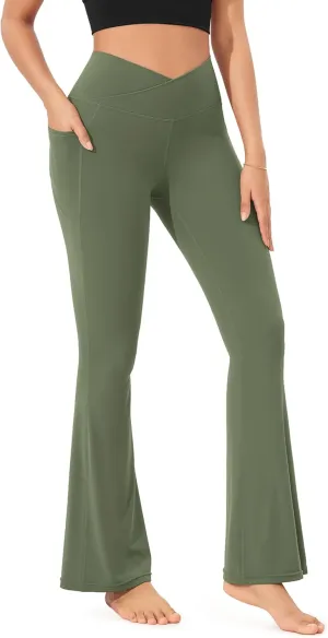 ODODOS Cloud Feeling Crossover Flared Pants with Pockets for Women, Cross Waist Bootcut Lounge Yoga Pants- 30" / 32" Inseam