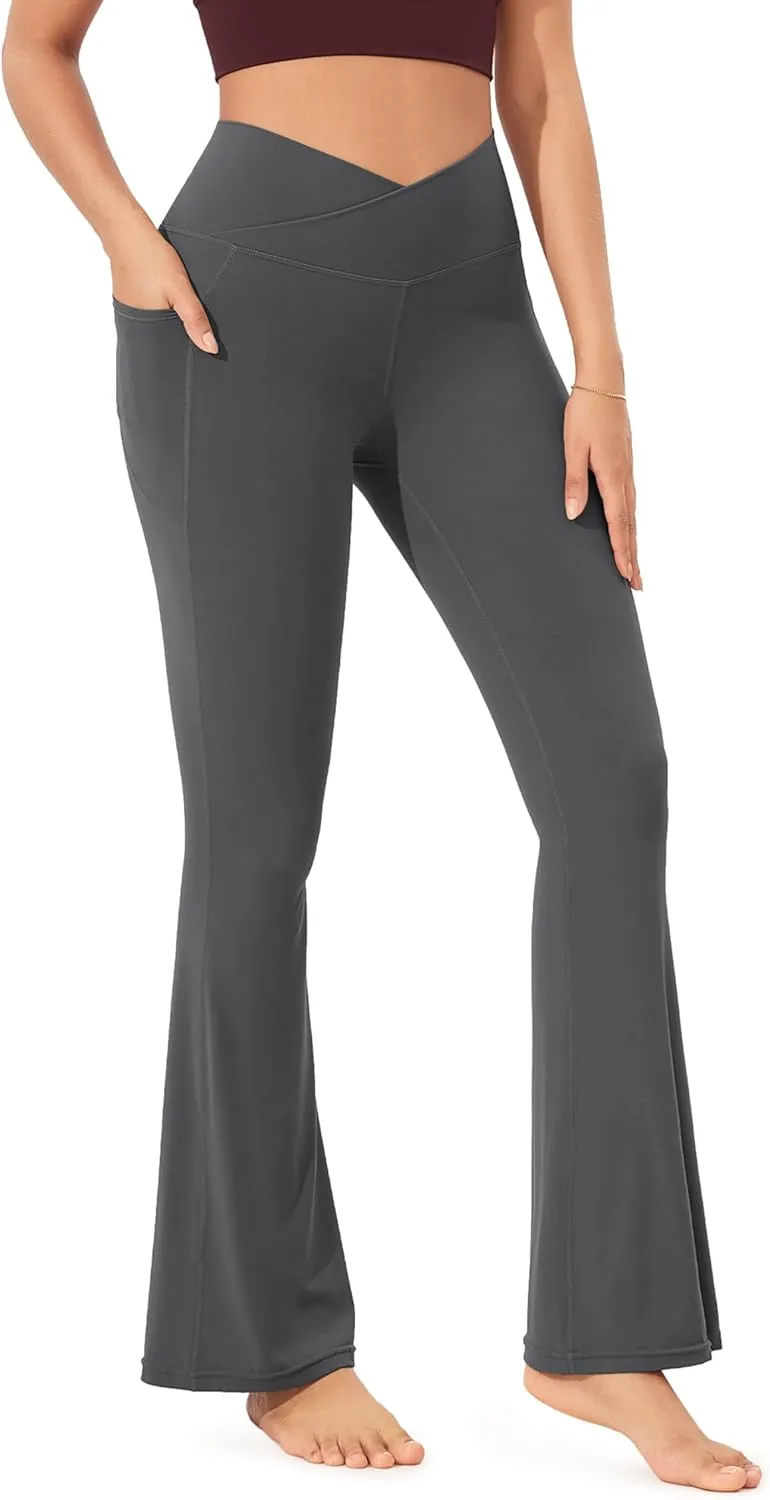 ODODOS Cloud Feeling Crossover Flared Pants with Pockets for Women, Cross Waist Bootcut Lounge Yoga Pants- 30" / 32" Inseam