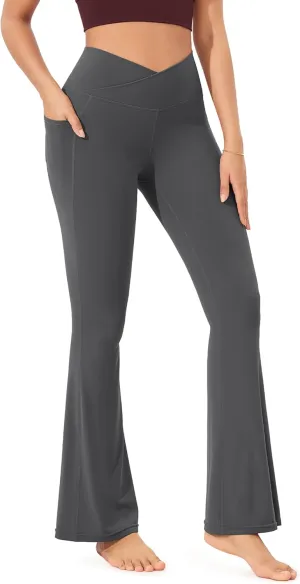 ODODOS Cloud Feeling Crossover Flared Pants with Pockets for Women, Cross Waist Bootcut Lounge Yoga Pants- 30" / 32" Inseam