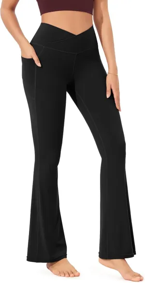 ODODOS Cloud Feeling Crossover Flared Pants with Pockets for Women, Cross Waist Bootcut Lounge Yoga Pants- 30" / 32" Inseam