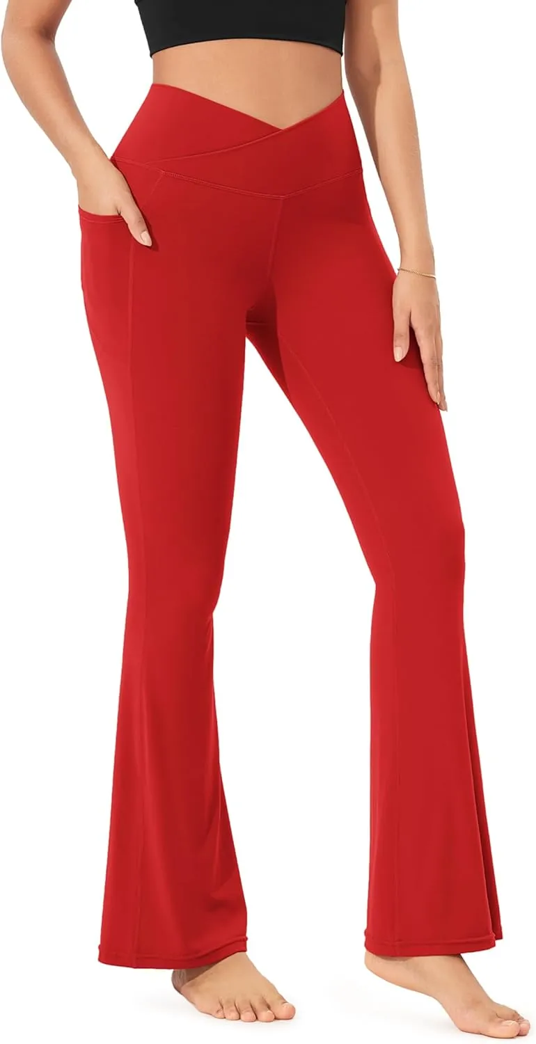 ODODOS Cloud Feeling Crossover Flared Pants with Pockets for Women, Cross Waist Bootcut Lounge Yoga Pants- 30" / 32" Inseam