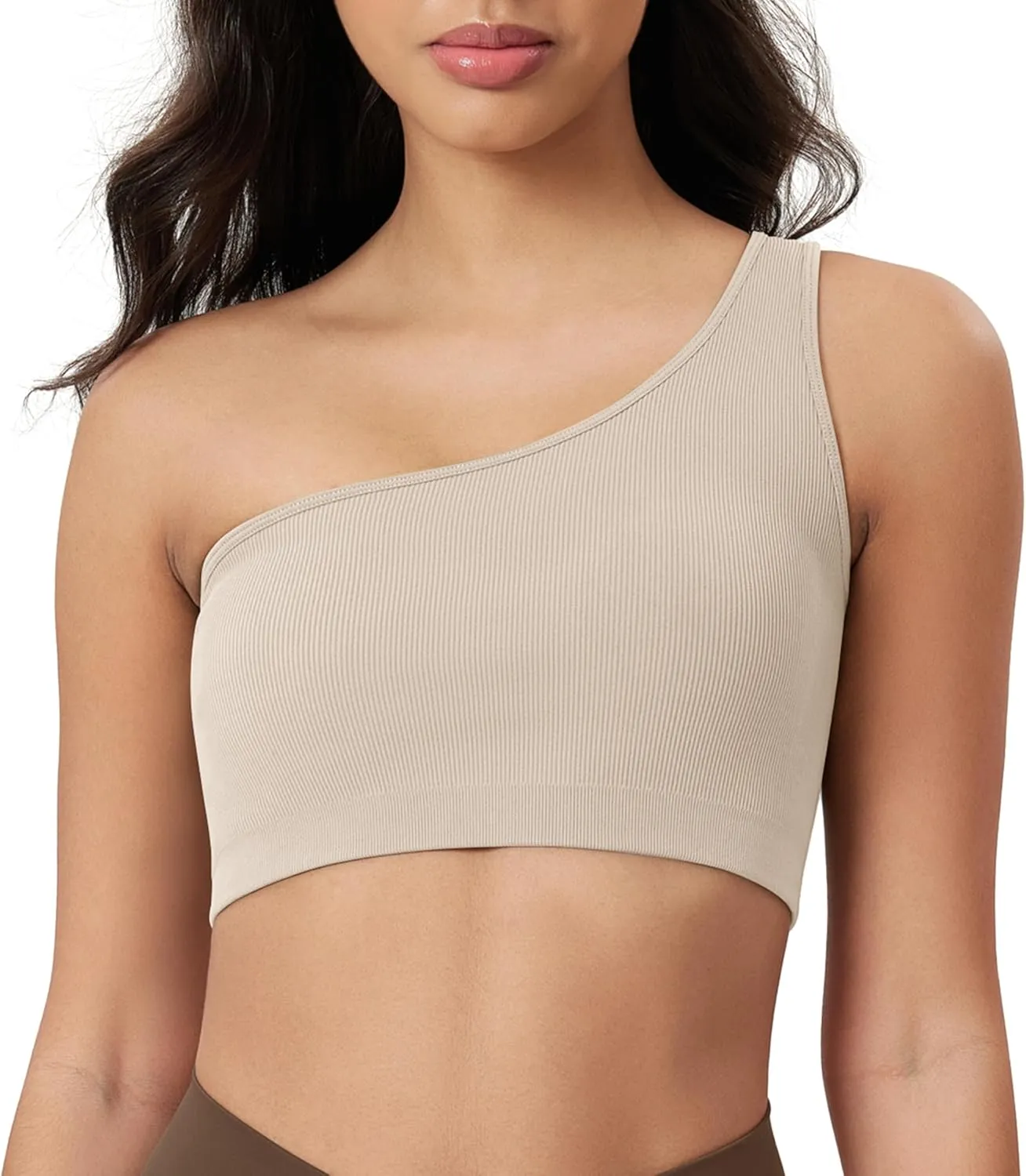 ODODOS Seamless One Shoulder Sports Bra for Women Ribbed Asymmetrical Non Padded Yoga Crop Tank Tops
