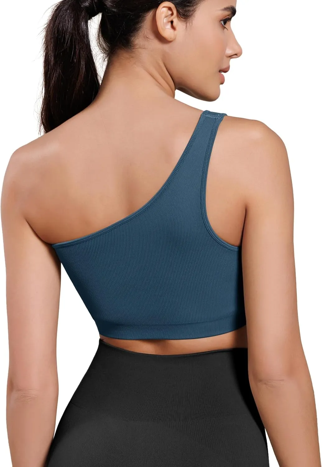 ODODOS Seamless One Shoulder Sports Bra for Women Ribbed Asymmetrical Non Padded Yoga Crop Tank Tops