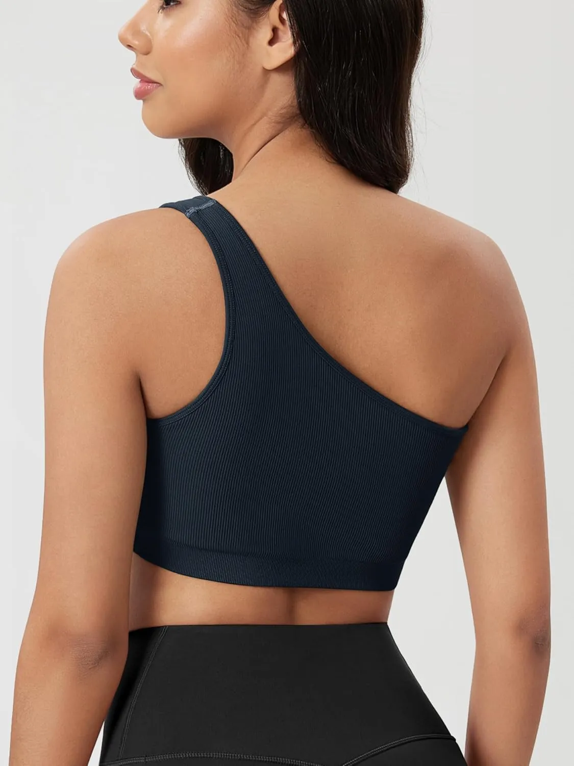 ODODOS Seamless One Shoulder Sports Bra for Women Ribbed Asymmetrical Non Padded Yoga Crop Tank Tops