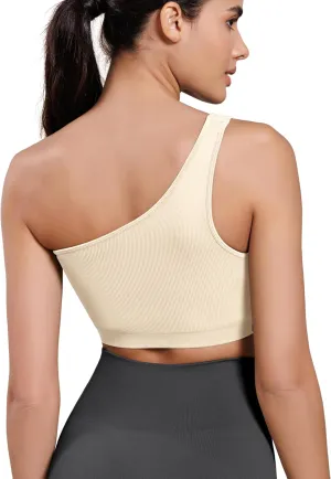 ODODOS Seamless One Shoulder Sports Bra for Women Ribbed Asymmetrical Non Padded Yoga Crop Tank Tops