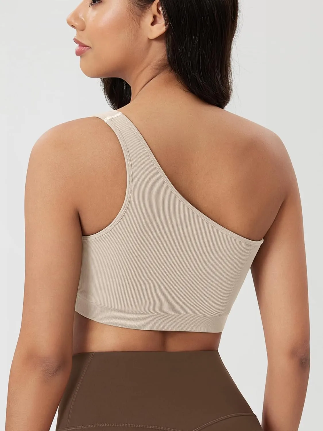 ODODOS Seamless One Shoulder Sports Bra for Women Ribbed Asymmetrical Non Padded Yoga Crop Tank Tops