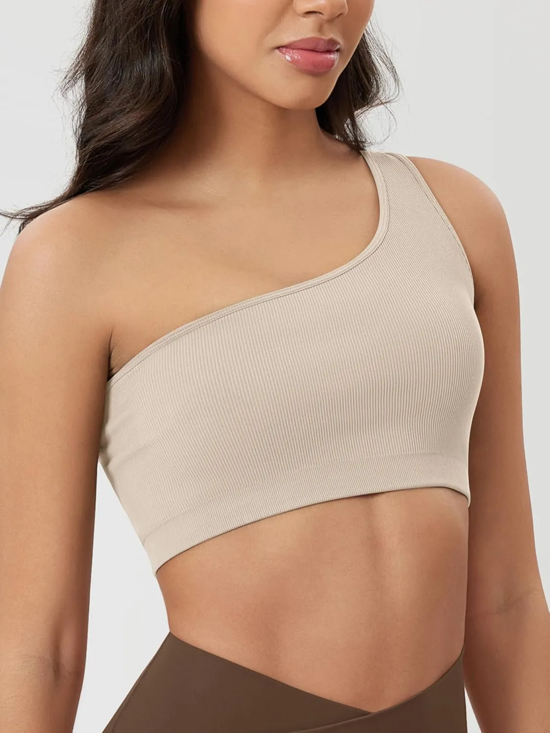 ODODOS Seamless One Shoulder Sports Bra for Women Ribbed Asymmetrical Non Padded Yoga Crop Tank Tops