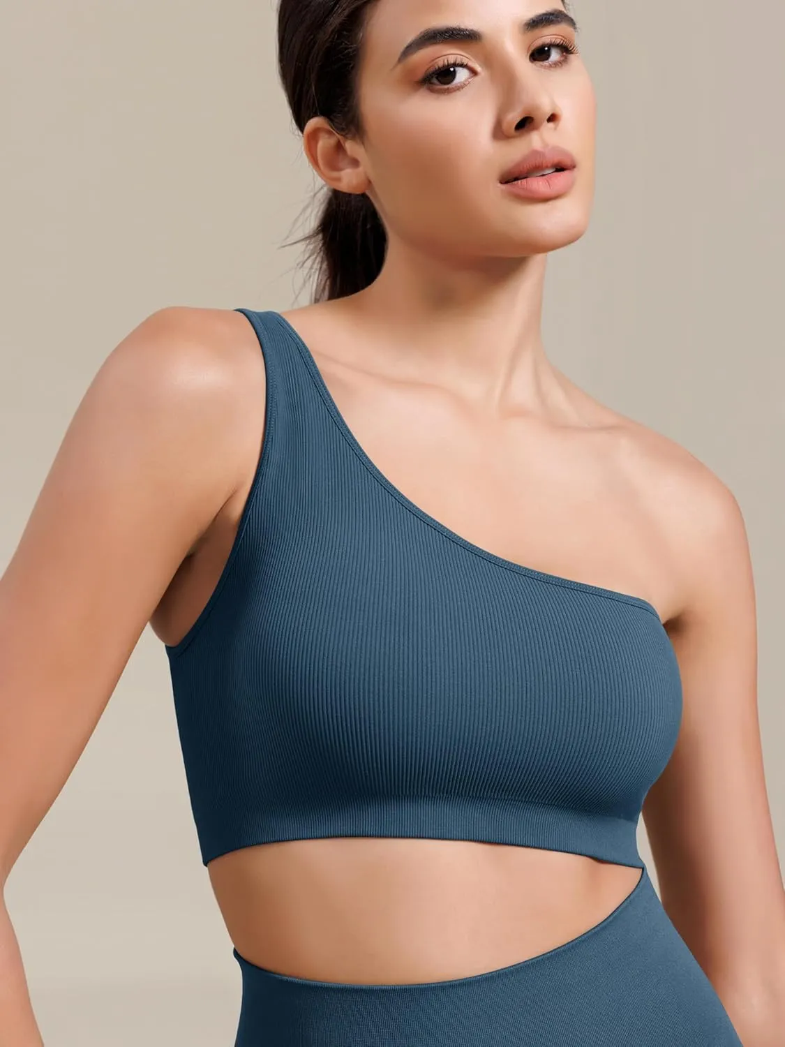 ODODOS Seamless One Shoulder Sports Bra for Women Ribbed Asymmetrical Non Padded Yoga Crop Tank Tops
