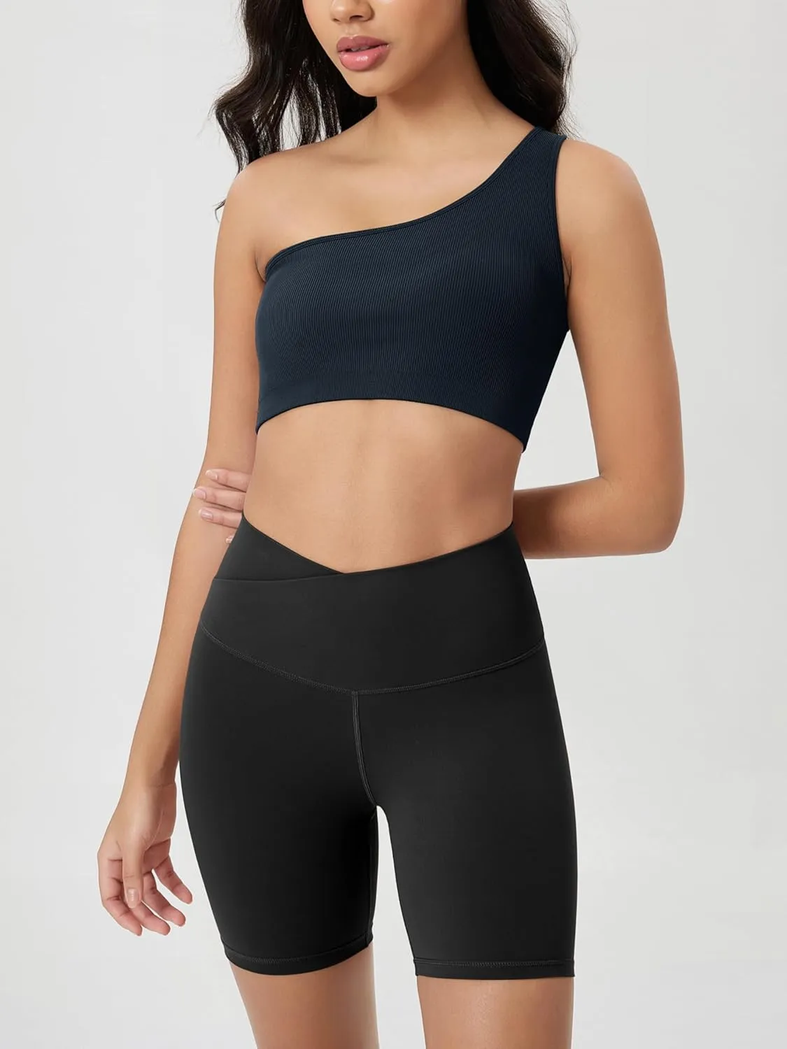 ODODOS Seamless One Shoulder Sports Bra for Women Ribbed Asymmetrical Non Padded Yoga Crop Tank Tops