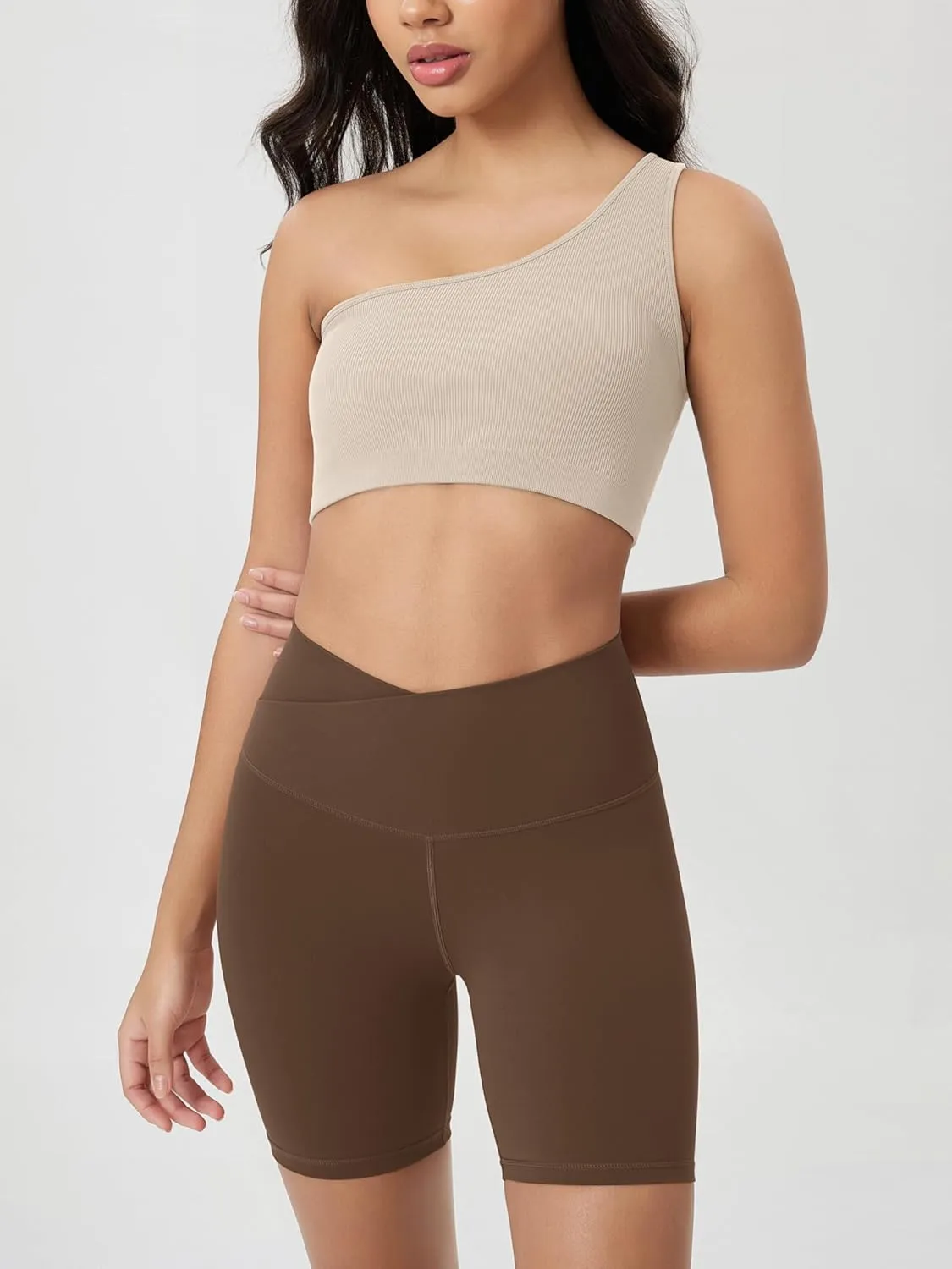ODODOS Seamless One Shoulder Sports Bra for Women Ribbed Asymmetrical Non Padded Yoga Crop Tank Tops