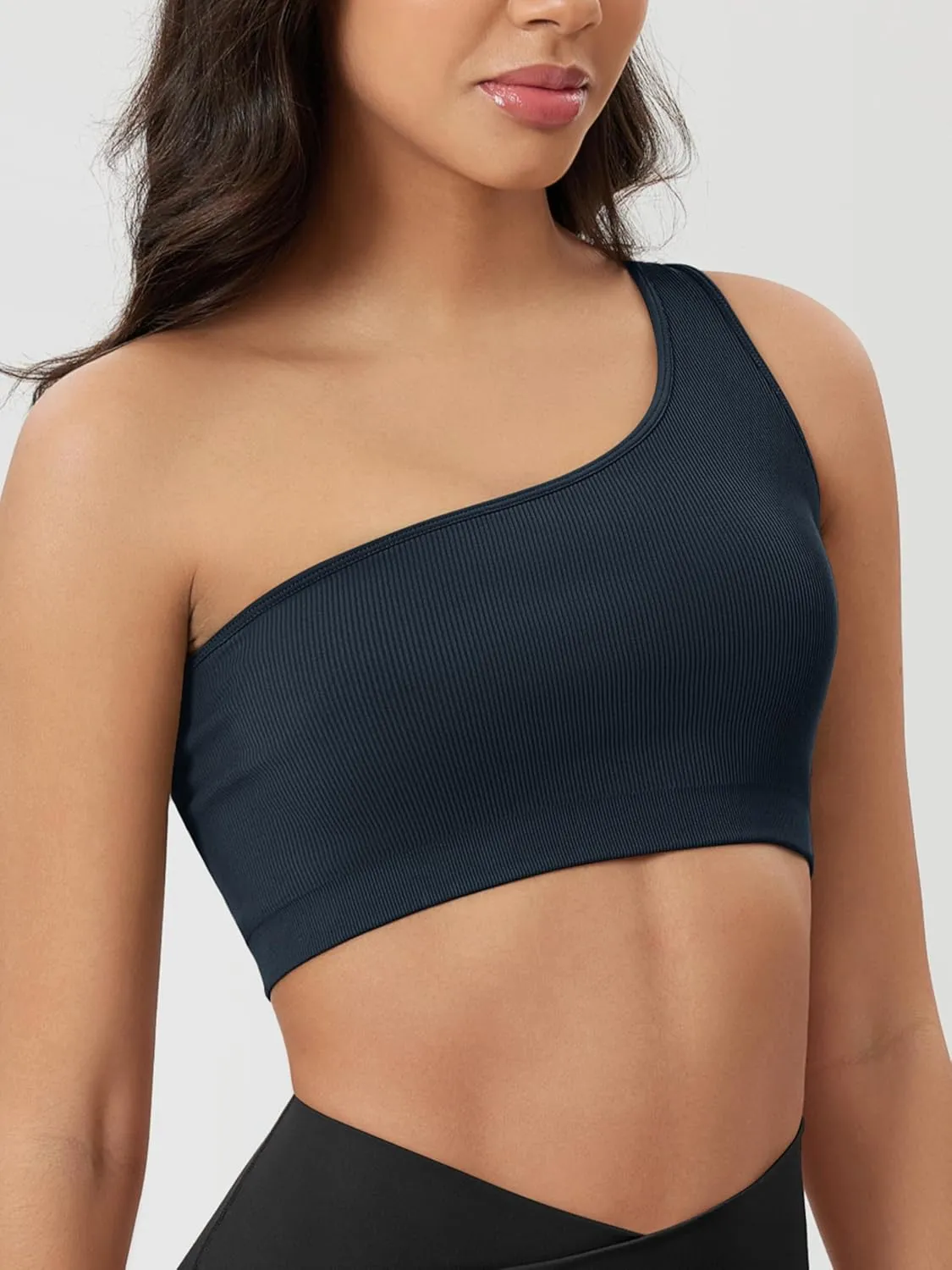 ODODOS Seamless One Shoulder Sports Bra for Women Ribbed Asymmetrical Non Padded Yoga Crop Tank Tops