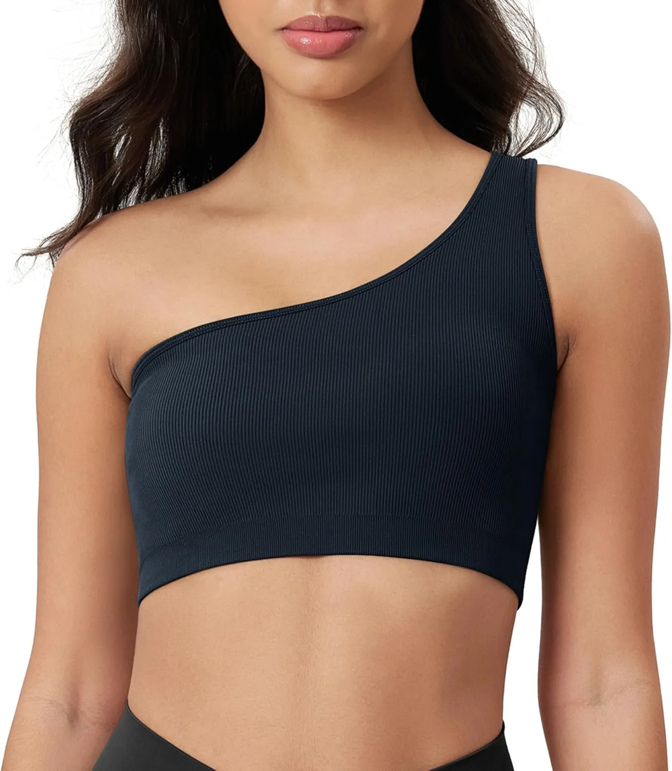 ODODOS Seamless One Shoulder Sports Bra for Women Ribbed Asymmetrical Non Padded Yoga Crop Tank Tops