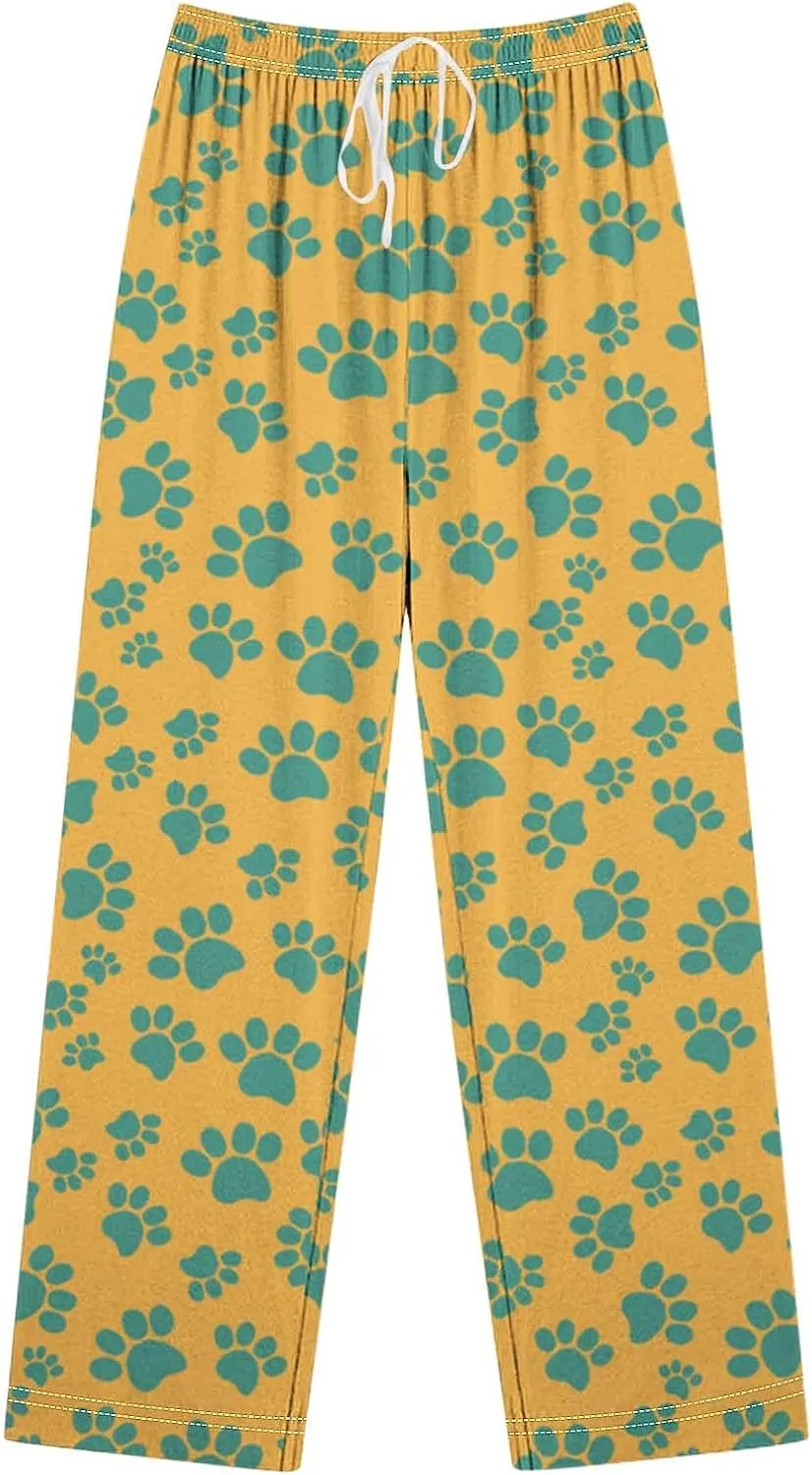 Pajamas Pants for Women's Funny Dog Paw Print High Waist Wide Leg Sweatpant Pj's Trouser with Pockets & Drawstring