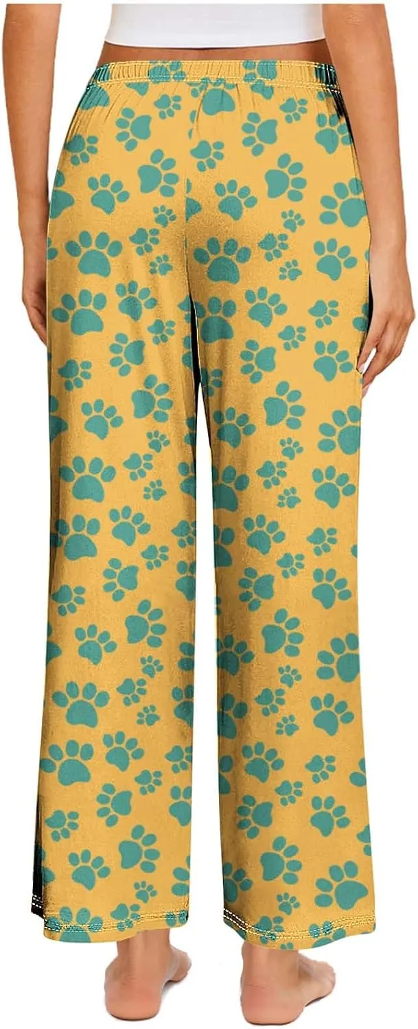 Pajamas Pants for Women's Funny Dog Paw Print High Waist Wide Leg Sweatpant Pj's Trouser with Pockets & Drawstring