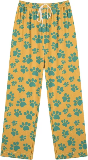 Pajamas Pants for Women's Funny Dog Paw Print High Waist Wide Leg Sweatpant Pj's Trouser with Pockets & Drawstring