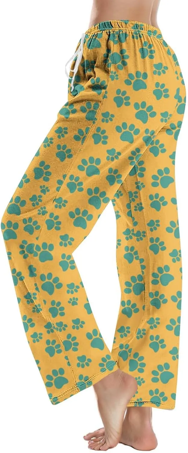 Pajamas Pants for Women's Funny Dog Paw Print High Waist Wide Leg Sweatpant Pj's Trouser with Pockets & Drawstring
