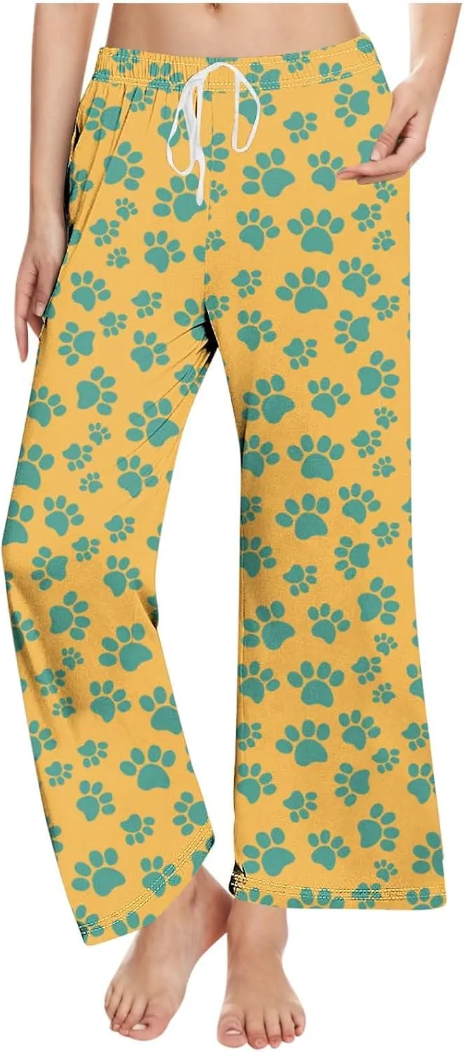 Pajamas Pants for Women's Funny Dog Paw Print High Waist Wide Leg Sweatpant Pj's Trouser with Pockets & Drawstring