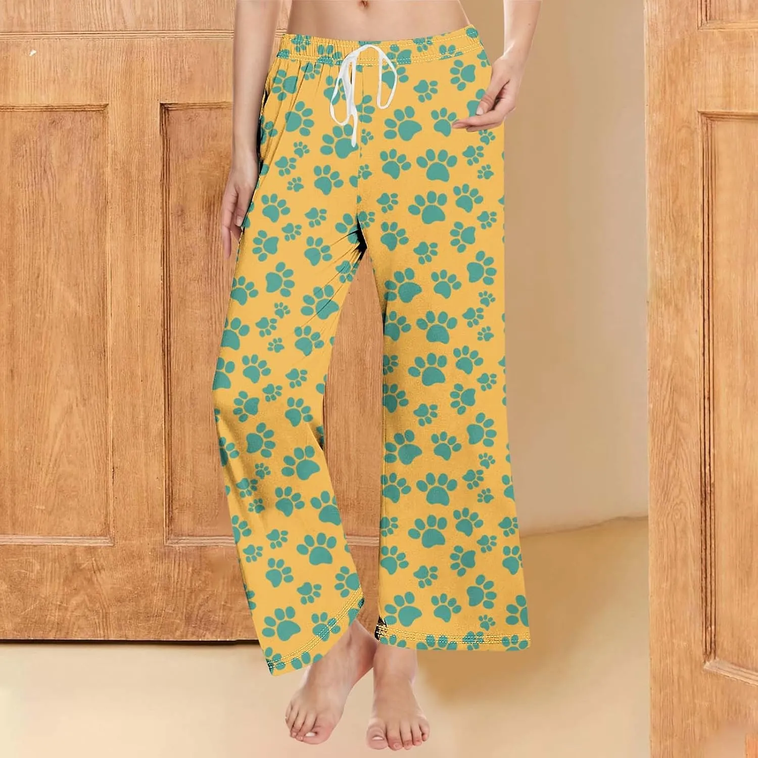 Pajamas Pants for Women's Funny Dog Paw Print High Waist Wide Leg Sweatpant Pj's Trouser with Pockets & Drawstring