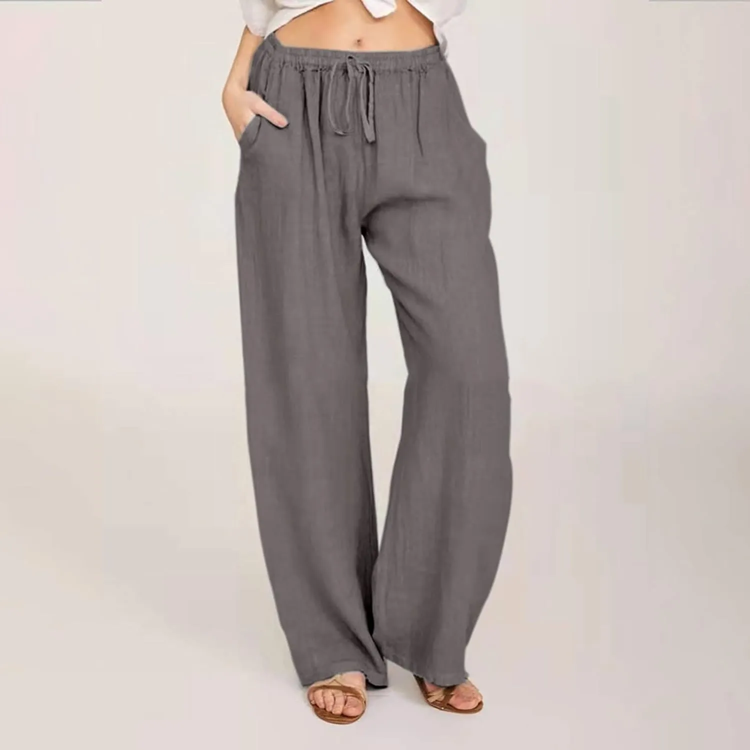 Palazzo Pants for Women Summer High Waisted Flowy Cotton Linen Pants Wide Leg Elastic Loose Trousers with Pockets