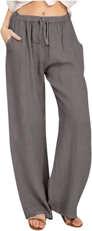 Palazzo Pants for Women Summer High Waisted Flowy Cotton Linen Pants Wide Leg Elastic Loose Trousers with Pockets