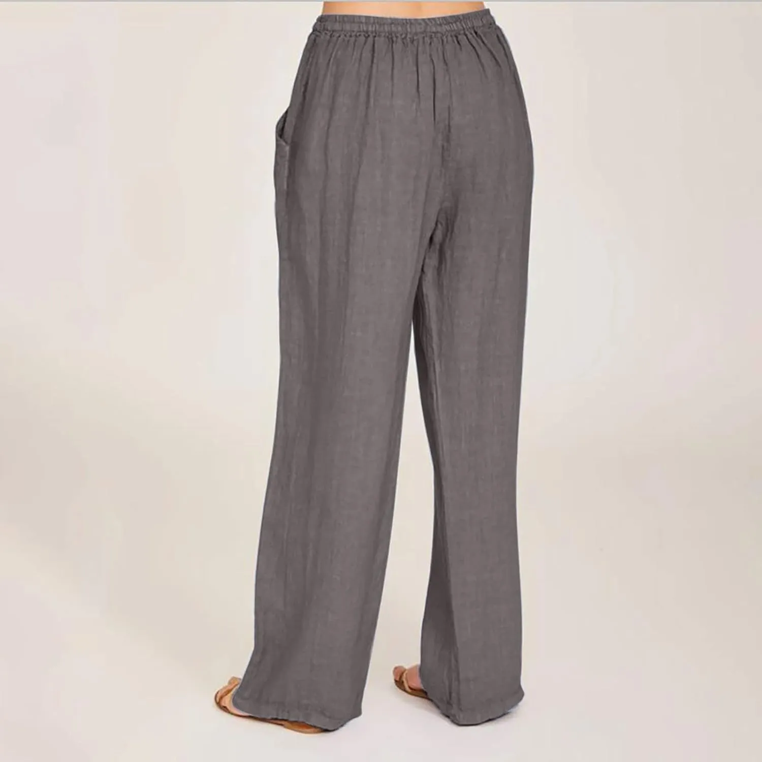 Palazzo Pants for Women Summer High Waisted Flowy Cotton Linen Pants Wide Leg Elastic Loose Trousers with Pockets