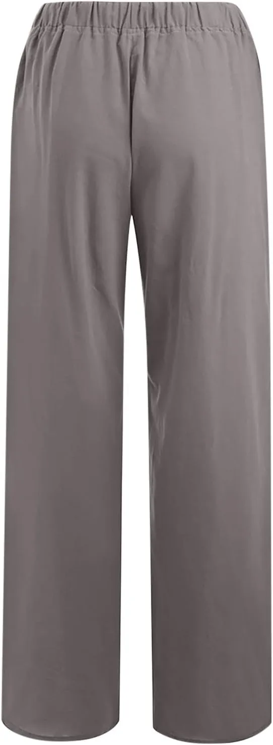 Palazzo Pants for Women Summer High Waisted Flowy Cotton Linen Pants Wide Leg Elastic Loose Trousers with Pockets