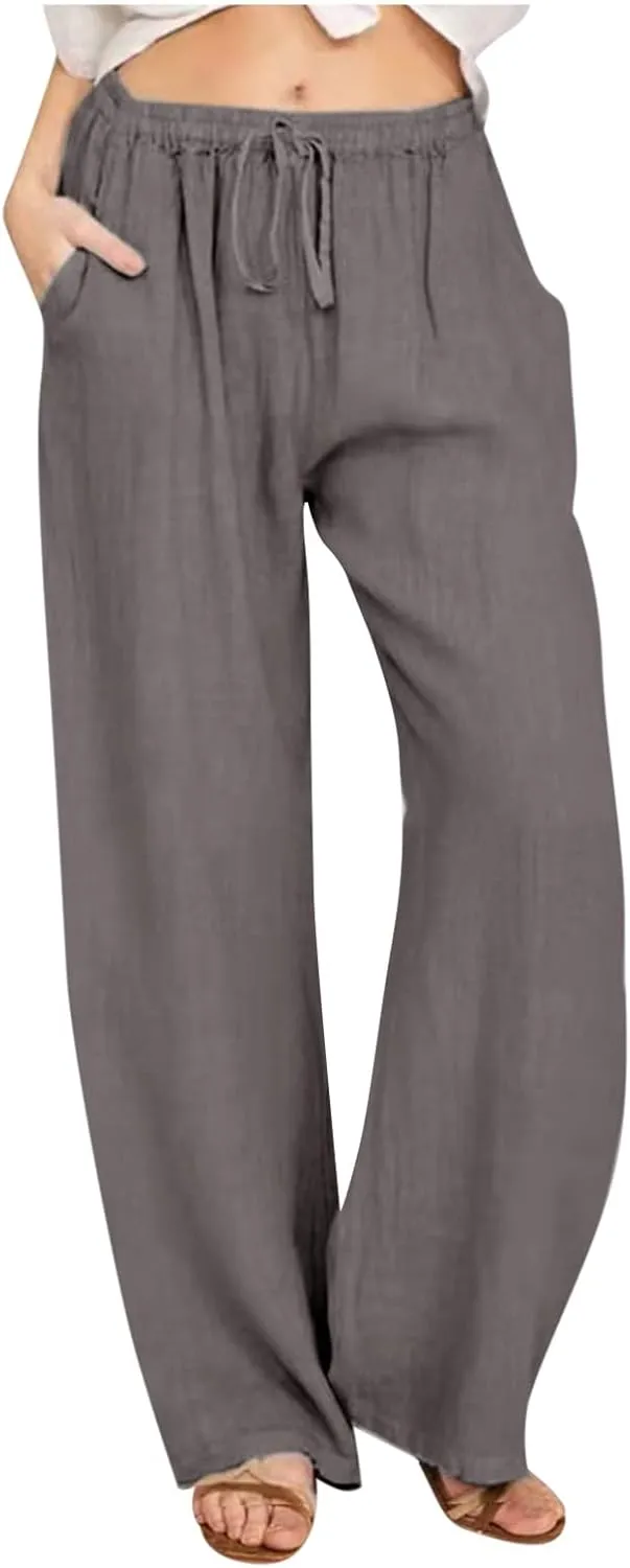 Palazzo Pants for Women Summer High Waisted Flowy Cotton Linen Pants Wide Leg Elastic Loose Trousers with Pockets