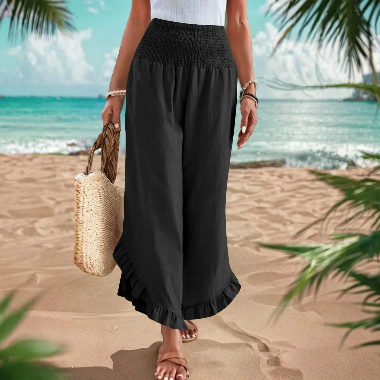 Palazzo Pants for Women Summer Linen Smocked Waist Wide Leg Pant Boho Flowy Ruffle Hem Casual Beach Vacation Trousers