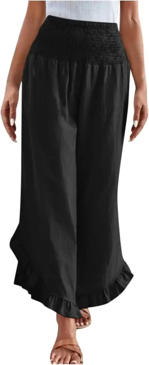 Palazzo Pants for Women Summer Linen Smocked Waist Wide Leg Pant Boho Flowy Ruffle Hem Casual Beach Vacation Trousers